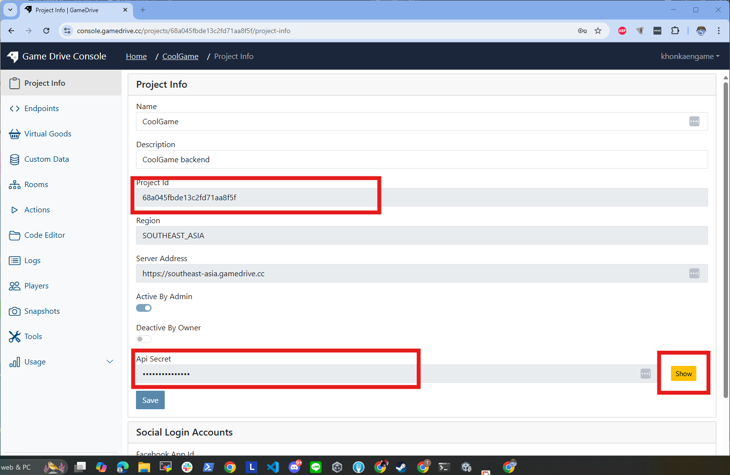 Go to game drive console project info page