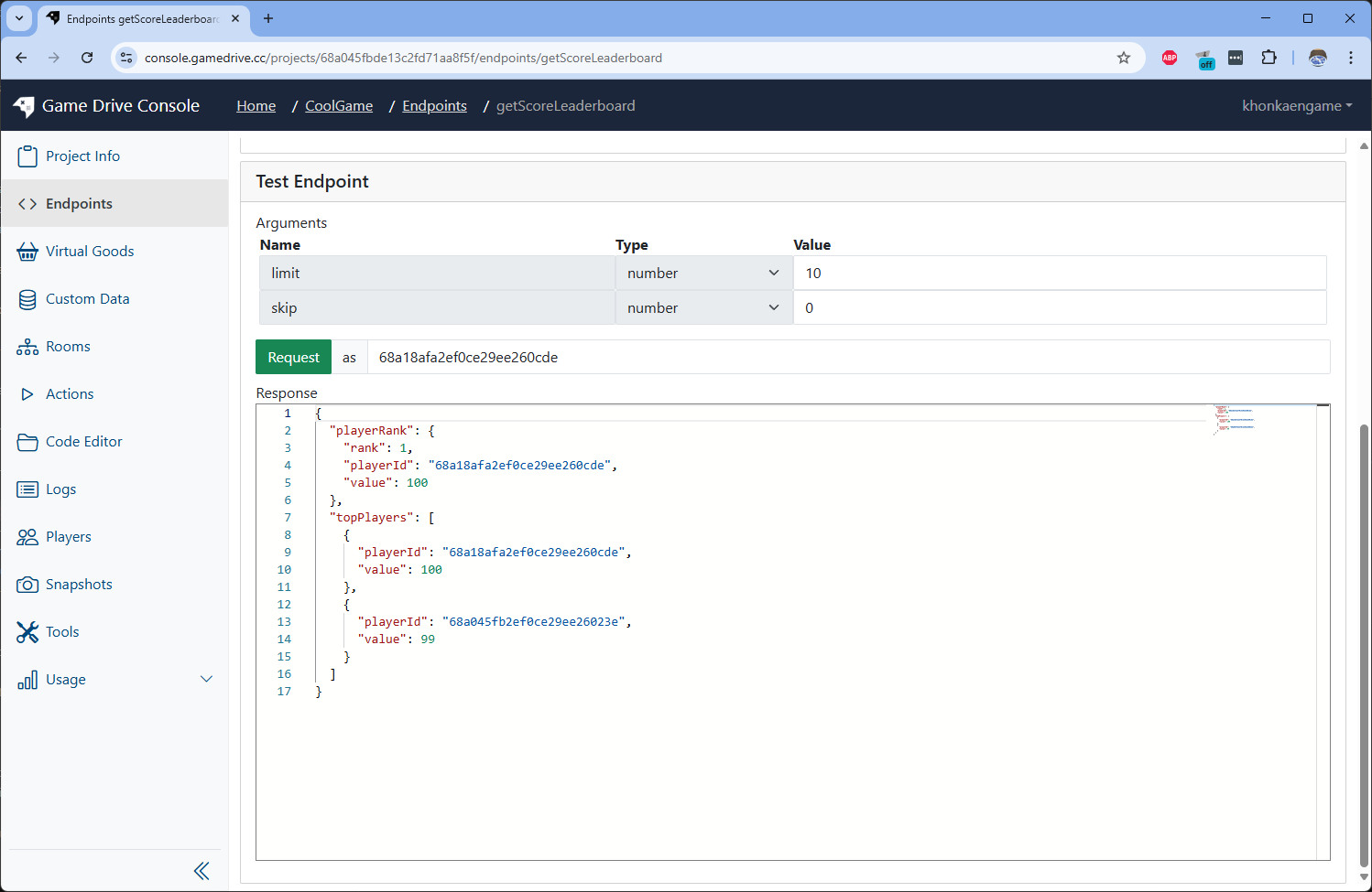 Send test request getScoreLeaderboard